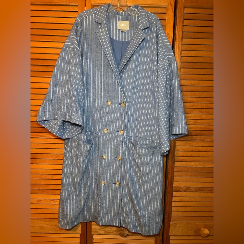 Maeve by
Anthropologie Blue Pinstripe
Trench Coat Overcoat Sz L
